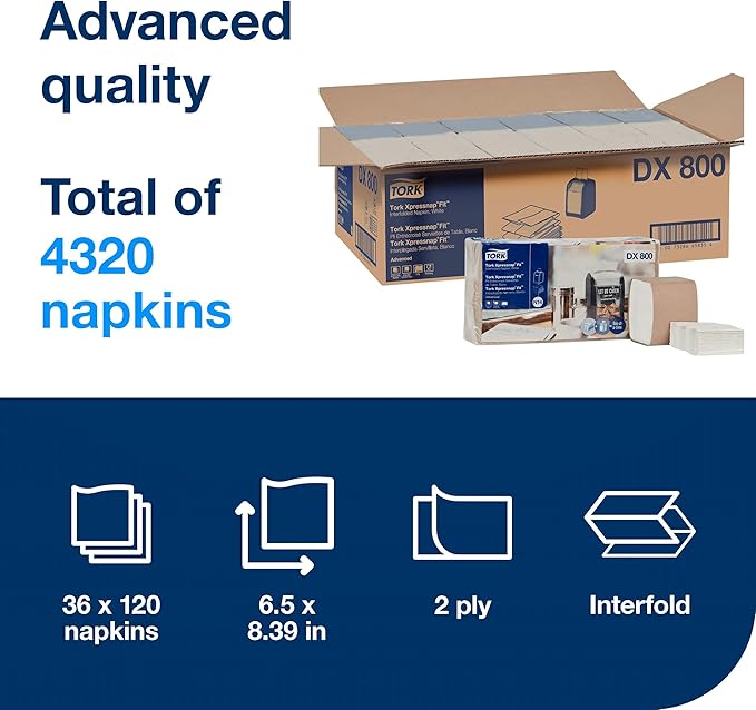 Tork Xpressnap Fit White Dispenser Napkin N14, 2-ply, 36 packs x 120 napkins, DX800