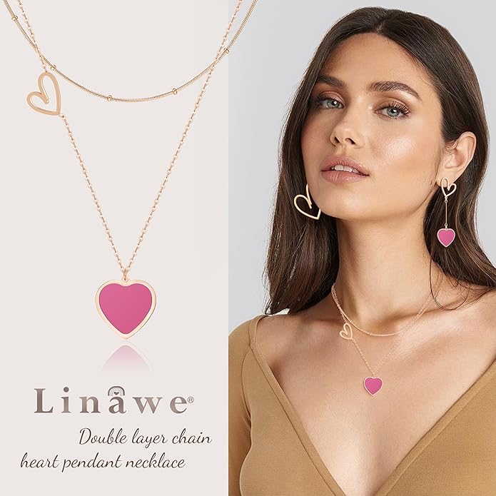 Linawe Layered Choker Heart Pendant Necklace for Women Trendy, Gold/Silver/Rose Gold Chain Stainless Steel Stacked Necklaces, Double Heart Necklace Y2K Preppy Jewelry