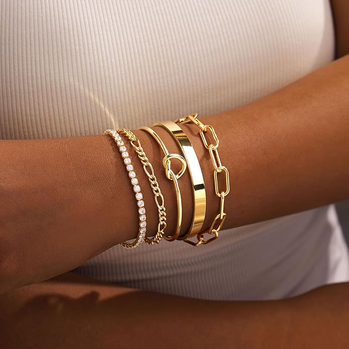 Gold Bracelets Set for Women Non Tarnish, 14K Gold Plated Sterling Silver Chunky Cuff Bracelet Stackable Gold Bangles Bracelet for Women Trendy Fashion Accessories Tie Knot Cuban Rope Paperclip Beaded Bracelet Stack Jewelry Valentines Day Gifts