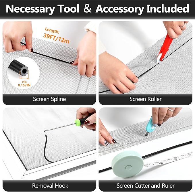 Window Screen Door Repair Kit, 48" x 177" Screen Door Mesh Replacement Kit, Durable Fiberglass Mesh Roll with Tools for Windows Doors Patio and Porch Replacement, Grey