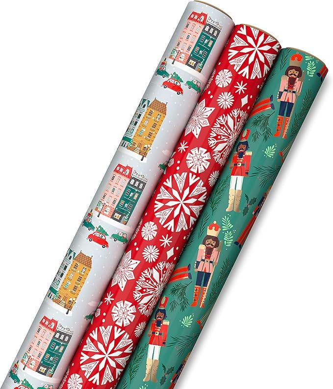 Hallmark Christmas Wrapping Paper with Cutlines on Reverse (3 Rolls: 120 Sq. Ft. Total) Winter City Scene, Rustic Snowflakes on Red, Nutcrackers with Foliage