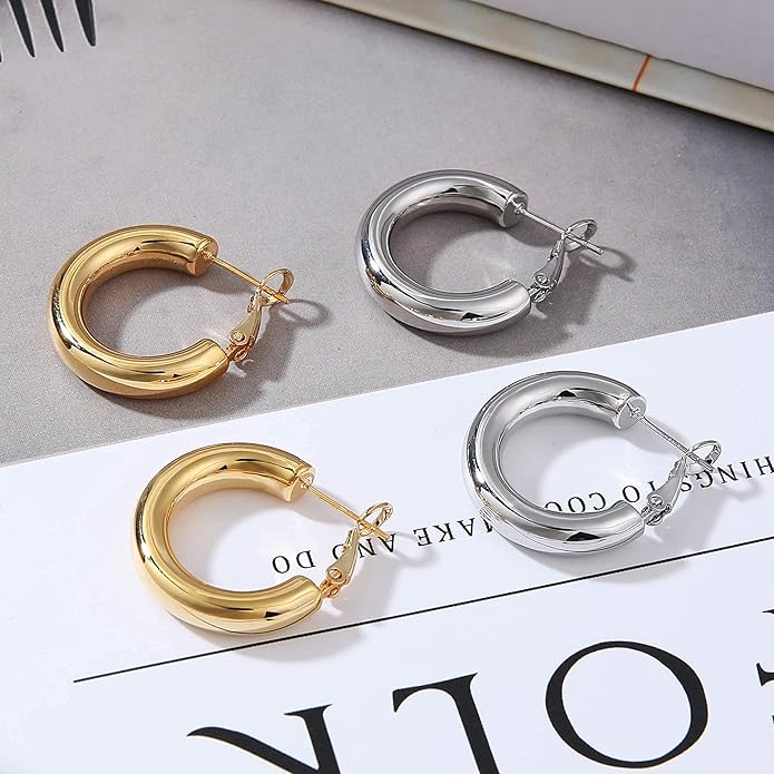 sovesi Chunky Gold Hoop Earrings for Women with 925 Sterling Silver Post, 14K Gold Plated Small Thick Gold Hoops Earrings for Women