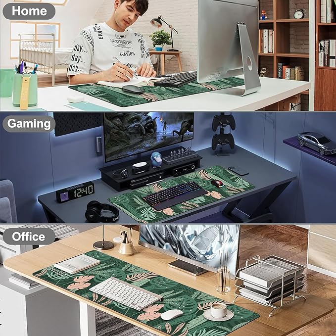 Tropical Plants and Leaves Desk Mat,Large Tropical Palm Leaves Gaming Keyboard Mouse Pad,Non-Slip Rubber Base Desk Pad Thick Stitched Edges Waterproof Mousepad Mouse Mat 31.5"x11.8"
