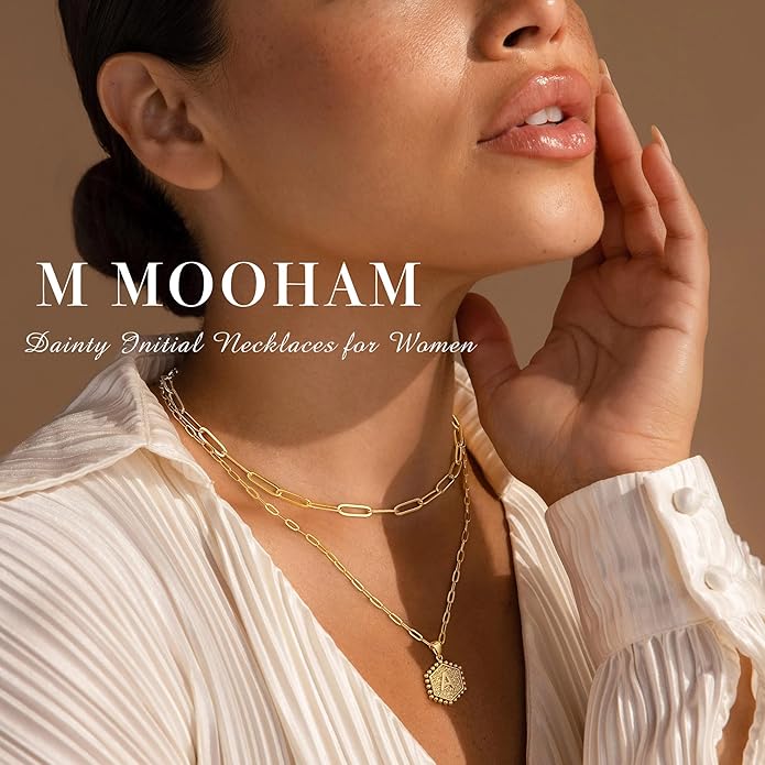 M MOOHAM Valentines Gifts for Women Teen Girls, 14K-Gold-Plated Initial Necklaces for Women Cute Hexagon Letter Initial Necklace Layered Necklaces for Womens Teen Girl Valentines Jewelry Gifts