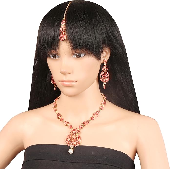 Touchstone Indian jewelry sets for women maang tikka wedding guest gold necklace bollywood jewellery set pageant elegant prom bride accessories western crystal chunky rhinestone necklaces