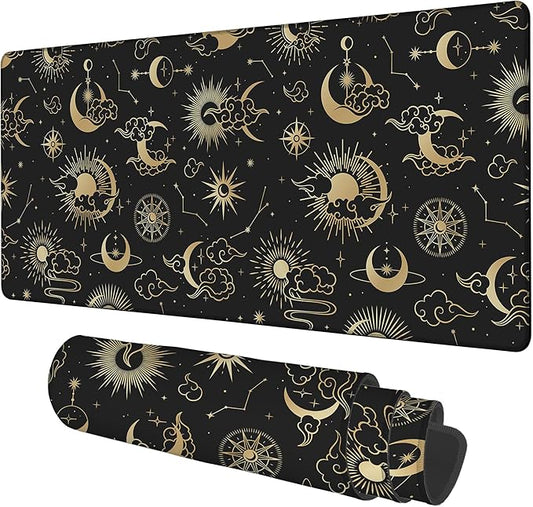 Gaming Desk Pad Large Extra Length Clouds, Moon and Sun Mouse Pad Keyboard Laptop Non-Slip Waterproof with Rubber Base Thick Stitched Edge Mouse Mat for Office Home 35.4 x 15.7 Inches