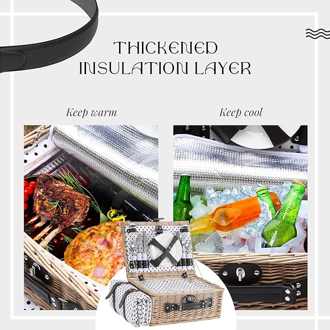Picnic Basket Set for 4 with Waterproof Blanket Mat Insulation Bag Wicker Classic White Black Polka Dots Elegant Gift for Wedding Birthday Summer Camp Outdoor Camping Beach Travel Christmas