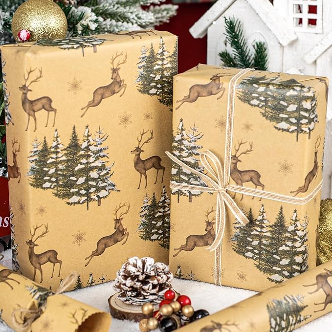 Garbendy Kraft Wrapping Paper Roll - 17 Inch X 32.8 Feet - Reindeer & Christmas Trees Design Printed in Wrapping Paper with Cut Lines on Reverse Perfect for Christmas, Birthday, Baby Shower,Party