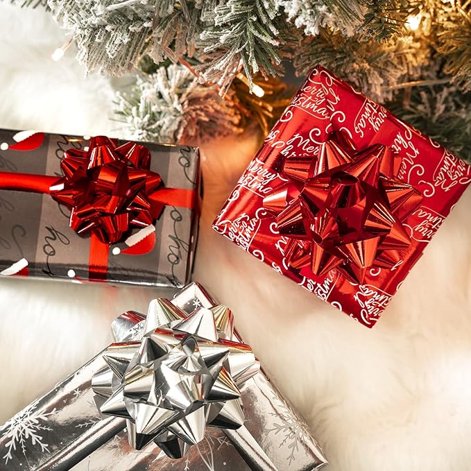 WRAPAHOLIC 30 Inch Christmas Wrapping Paper Roll - Jumbo Roll Black and Red Retro HO HO HO Santa, Silver Snowflake Holiday Collection with Metallic Foil Shine - 4 Rolls - 30 Inch x 120 Inch Per Roll