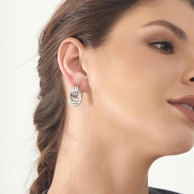 Chunky Silver Knot Link Earrings,Statement Circle Drop Dangle Design, Fashion Jewelry for Women