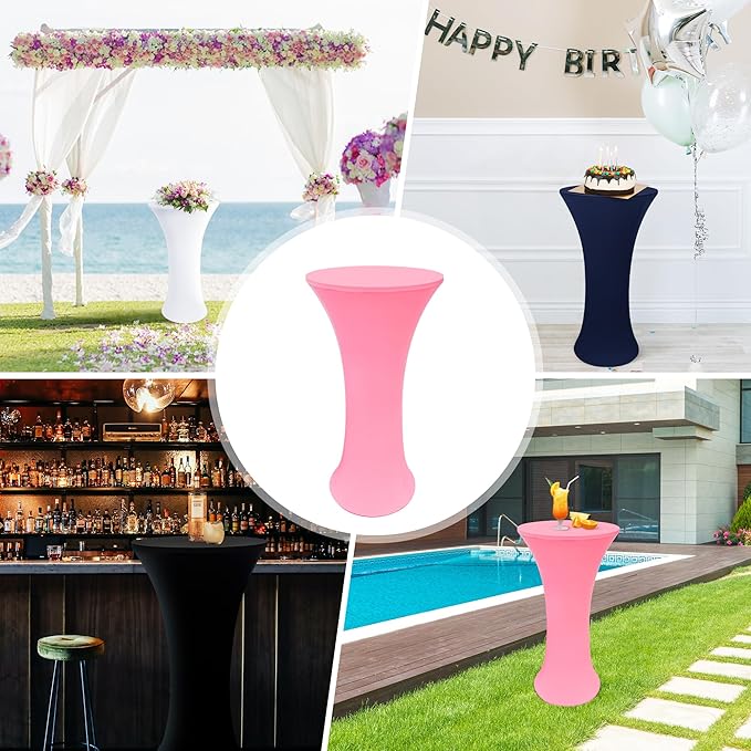 2PCS 24x43 Inch Round Fitted Cocktail Table Cover Pink Spandex Cocktail Table Cloth Highboy Fitted Tablecloth High Top Table Cloths for Party Pub Banquet Bistro