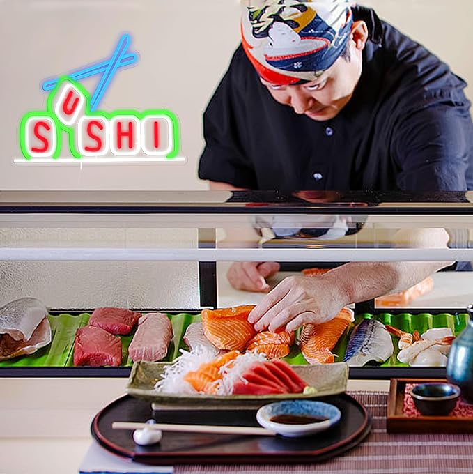 Sushi Neon Sign for Business Decor Delicious Sushi Neon Light Dimmable Japanese Food Light Up Sign for Restaurant Food Shop Storefront Window Store Kitchen (16.5 * 12.5 In)