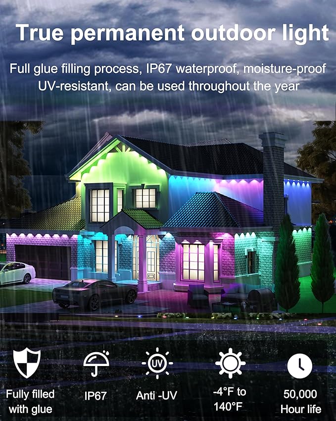 Permanent Outdoor Lights for House, 100ft 60LED Smart RGBW+IC Outdoor Christmas Lights with APP/Remote Control, DIY Scene, IP67 Waterproof Under Eaves Lighting for Holiday & Daily Decor