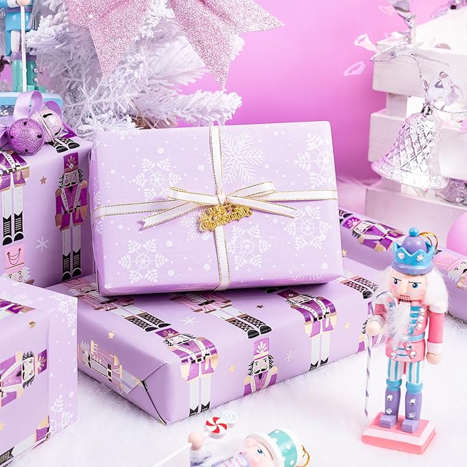 RUSPEPA Christmas Reversible Wrapping Paper Roll for Kids Girls, Mini Roll, Gold Foil Purple Nutcracker Soldier and Snowflakes Design, Ideal for Holiday Gifts, Christmas, 17 Inches x 32.8 Feet