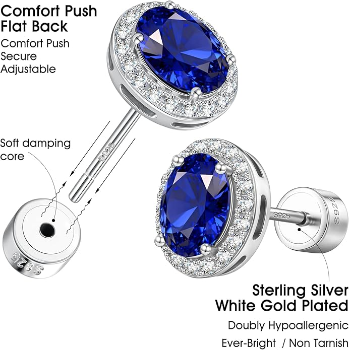 Certified 2.4 Cttw Lab Grown Royal Blue Sapphire Earrings, Hypoallergenic Adjustable Flat Back Studs, Eco-Friendly Fine Jewelry Gift for Women, Perfect for Wedding, Anniversary & Christmas, with Certification & Elegant Gift Box