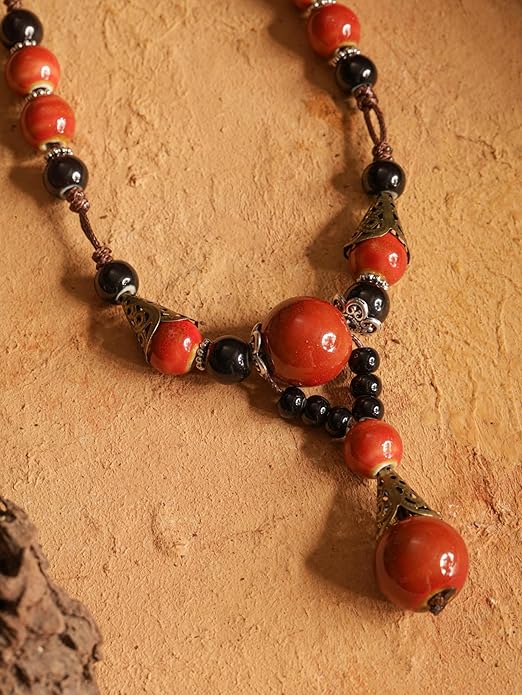 MINACHI Vintage Bohemian Ethnic Colorful Ceramic Bead Long Y Necklace, Hippie Boho Summer Fashion Jewelry Gift for Women