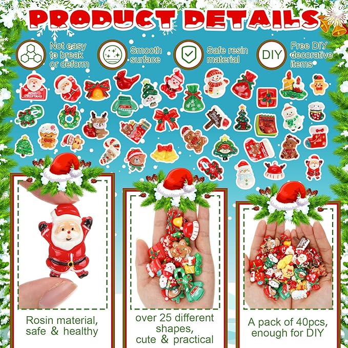 Giegxin 40 Pcs Christmas Resin Charm Kawaii Red Cardinal Candy Canes Santa Claus Flat Back Cabochon Accessories Cute Embellishments Bulk for Christmas Decor Jewelry Cellphone Case Scrapbooking DIY