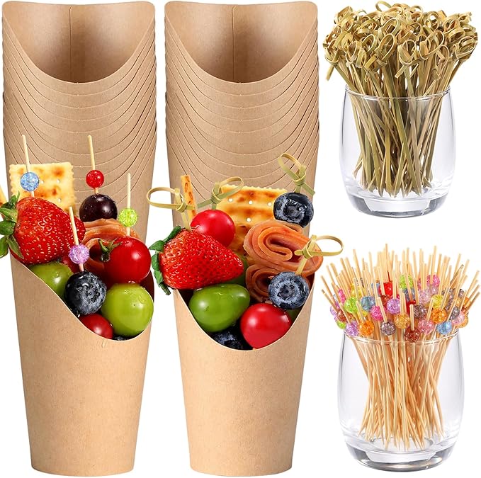 12Oz Charcuterie Cup Set, 100 Pcs Cups with 200 Pcs Coctail Picks, French Fry Holder and Bamboo Knot Skewers, Handheld Party Appetizer Kit, Disposable Kraft Paper Snack Box Container, Take Out Cones