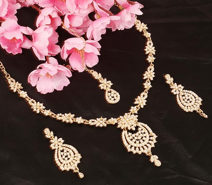 Touchstone Indian jewelry sets for women maang tikka wedding guest gold necklace bollywood jewellery set pageant elegant prom bride accessories western crystal chunky rhinestone necklaces