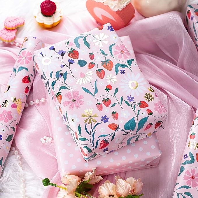 MAYPLUSS Strawberry Wrapping Paper Roll, Pink Floral Gift Wrap for Mothers Day, Wedding, Bridal Shower, Birthday, 17 Inch x 33 Feet