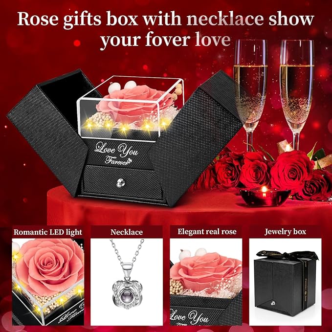 Preserved Pink Peach Real Rose with Heart I Love You Necklace -Eternal Flowers Rose Birthday Gifts for Women Her Mom Wife Girlfriend Grandma on Valentines Mothers Day Christmas Anniversary