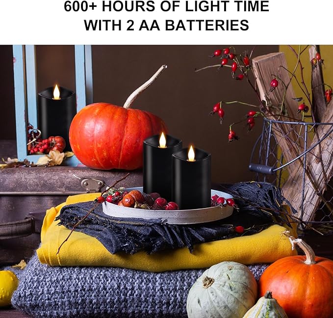3PCS, 3 x 5 inches Flameless Candle with Remote Control, 3D Flickering Wick, Real Wax Pillar LED Candles, Battery Candles,with Timer,for Holiday Home Decor, Black