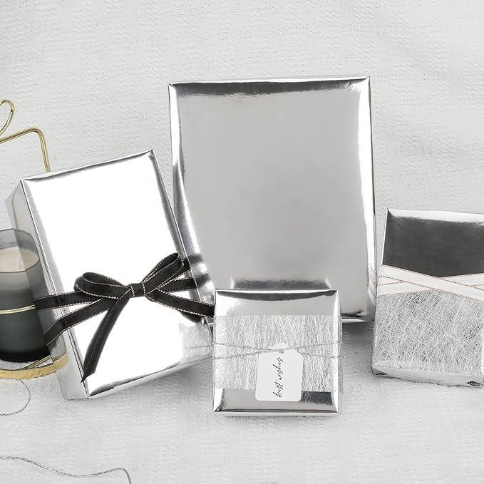 NESCCI Silvery Metallic Wrapping Paper, Solid Color Paper-2 Roll,17 Inches X 32.8 Feet Per Roll,Gift Wrapping Paper,Perfect for Wedding,Valentine's Day, Birthday,Baby Shower,DIY Bouquet