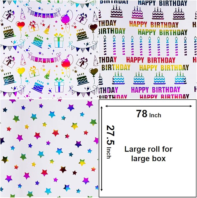 Linnoptimix Birthday Wrapping Paper Roll -3 LARGE ROLL-27inch*78 inch per roll Colorful Foil wrapping paper (Birthday 3 White/Colorful Foil（009）)