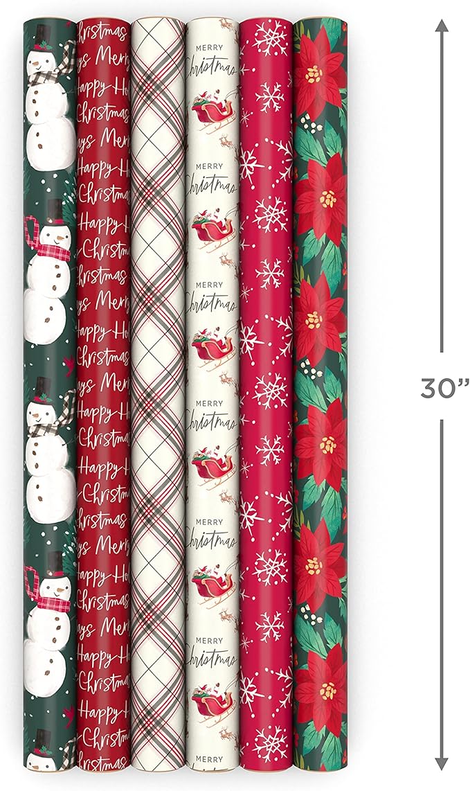 Hallmark Rustic Recyclable Christmas Wrapping Paper (6 Rolls: 180 Sq. Ft. Total) Red, White and Hunter Green Plaid, Poinsettias, Snowflakes, "Merry Christmas," Snowman, Santa