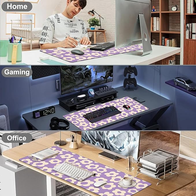 Purple Groovy Flowers Desk Mat,Large Vintage Floral Gaming Keyboard Mouse Pad,Non-Slip Rubber Base Desk Pad Thick Stitched Edges Waterproof Mousepad Mouse Mat 31.5"x11.8"
