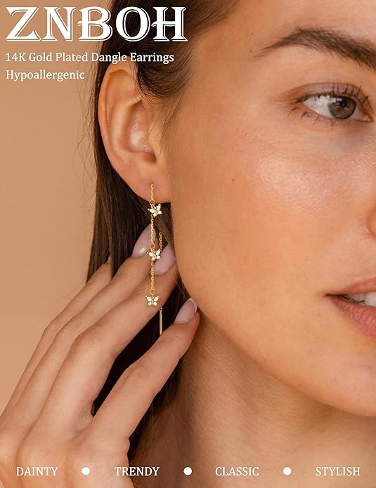 Gold Silver Dangle Earrings for Women Trendy 14K Gold Plated Drop Long Threader Chain Dangling Earring Hypoallergenic Pearl Butterfly Flower Clover CZ Wedding Earrings for Brides Jewelry Gifts