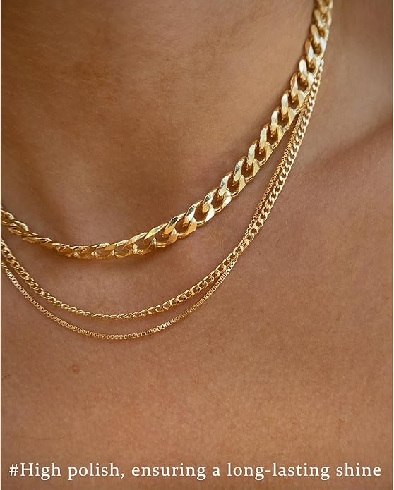 3PCS Gold Necklaces for Women,Chunky Statement Gold Plated Necklace Stack Layered Sterling Silver Herringbone Chains for Women Dainty Trendy Silver Chains Stacked Jewelry Gifts