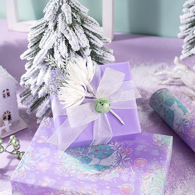 WRAPAHOLIC 30 Inch Jumbo Reversible Purple Christmas Wrapping Paper - 30 Inch x 100 Feet Jumbo Roll Purple Reindeer and Christmas Garland with with Metallic Foil Shine for Holiday, Party