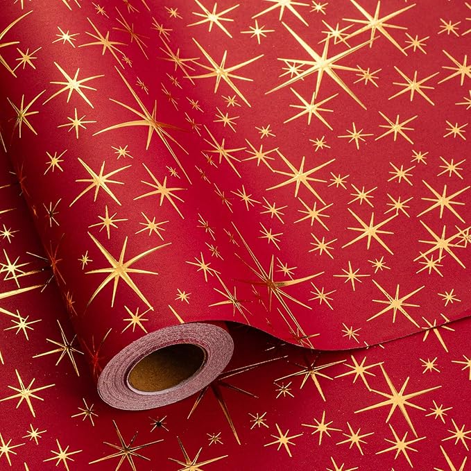 Garbendy Red Christams Wrapping Paper Roll - 17 Inch X 32.8 Feet - Embossing 3D with Gold Foil Star Design for Christmas, Birthday, Wedding, Baby Shower, Bridal Shower, Party