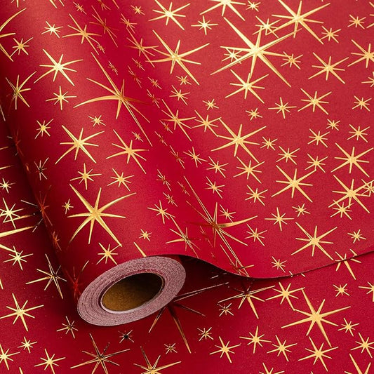 Garbendy Red Christams Wrapping Paper Roll - 17 Inch X 32.8 Feet - Embossing 3D with Gold Foil Star Design for Christmas, Birthday, Wedding, Baby Shower, Bridal Shower, Party