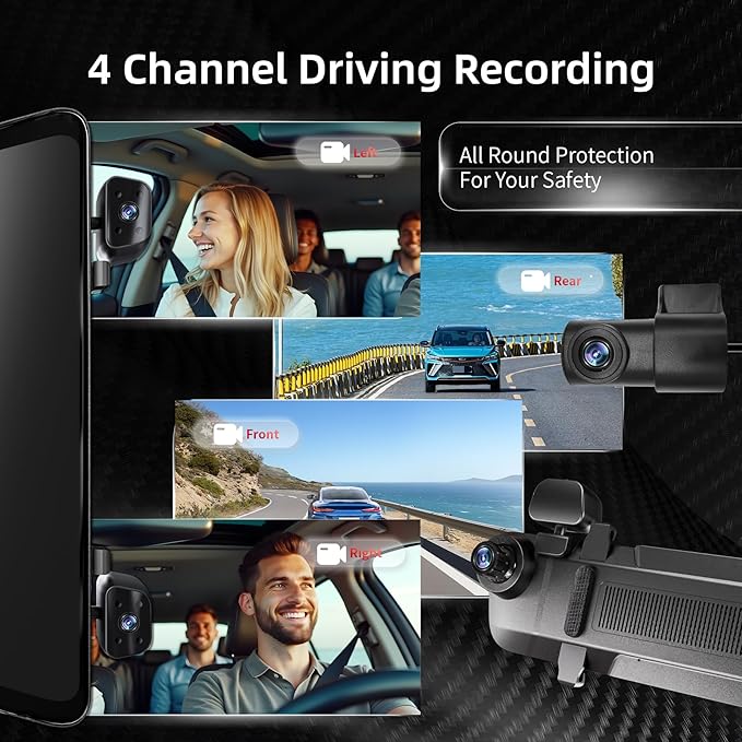 2025 Rear View Mirror Camera, 4 Channel Mirror Dash Cam Front and Rear Inside, 12" Touch Screen 360° Dash Camera for Cars, Wi-Fi, APP, GPS, IR Night Vision Backup Camera, Free 128GB SD Card