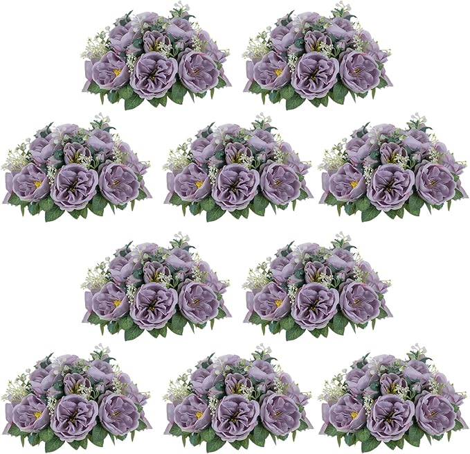 NUPTIO Artificial Flowers Ball Centerpieces: 10 Pcs 9.8 Inch Diameter Fake Kissing Rose Floral Balls for Wedding Party Bridal Shower Valentine Home - Purple Bouquet Arrangement Decorations for Table