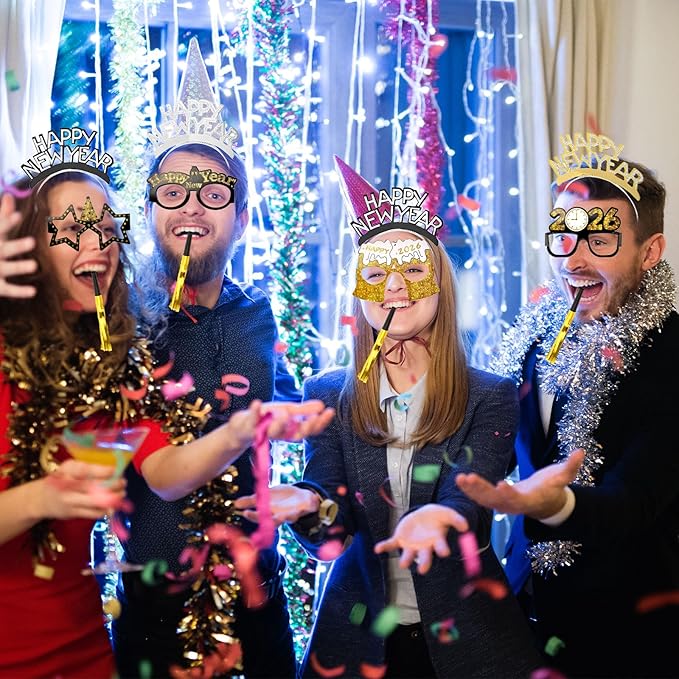 36Pcs 2026 New Year Eve Party Supplies,Happy Next Year Headband Tiara,News Year Eyeglasses Prop,Fringed Noise Makers for 2026 New Years Party Favors