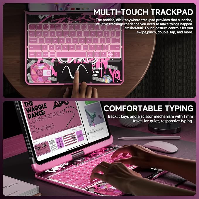 Transparent Case with Keyboard for iPad 11th Gen 11 Inch.(A16, 2025) & 2022 iPad 10th Gen 10.9 Inch,7-Color Backlit,Wireless Keyboard, 360°Rotating,with trackpad,Pencil Holder,with Shortcuts,pink