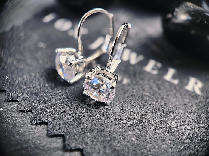 14K White Gold Moissanite Earrings Men & Women, Solid Gold Simulated Diamond and Lab Diamonds Studs for Men & Women, 1ct - 2ct Round, Princess, Heart, Halo Cut, Dangle, Lever or Screw Back Earrings, VVS1, D Color, Pink or Blue - Luxury Gift Box