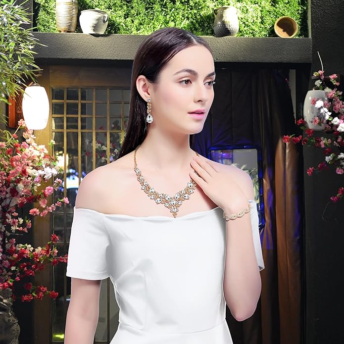 3/4 Pieces Women Jewelry Set Artificial Rhinestone Crystal Bride Statement Choker Necklace Tiara Crown Link Bangle Bracelet Teardrop Dangle Earrings Set