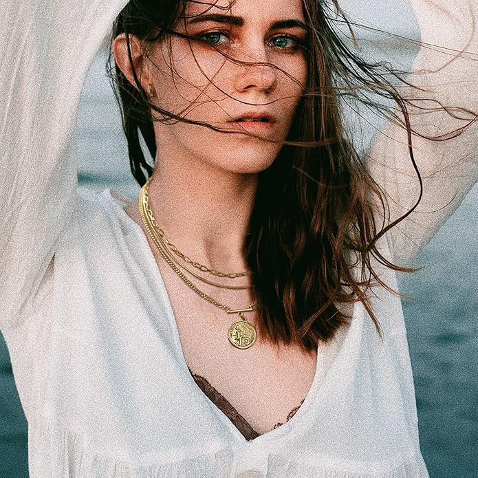 LANE WOODS Gold Plated Necklaces for Women - Multilayer Coin Medallion Pendant Necklace Adjustable Layering Choker Necklaces Chain Set Jewelry