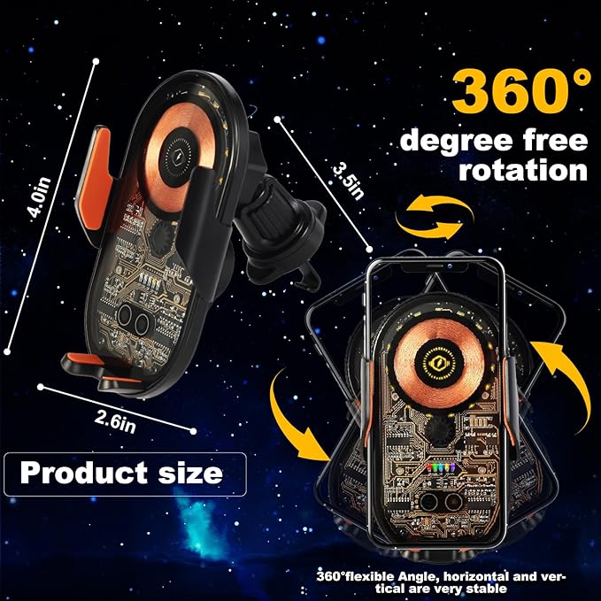 Wireless Car Charger, 15W Fast Charging Auto-Clamping Car Charger Phone Mount Air Vent Cell Phone Holder Compatible with iPhone 16 Pro Max/15/14/13/12/11, Samsung Galaxy S23/S22/S21/S20, etc