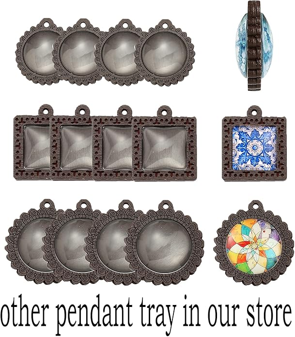 ToBeIT Bezel Pendant Trays Round Wooden and Glass Cabochon Round Clear Dome for DIY Crafting Photo Jewelry Making