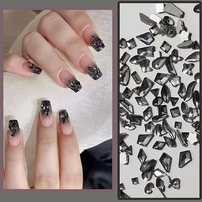 250Pcs Mini Black Flash Nail Art Charms Mixed Shapes Nail Rhinestones Star Heart Irregular Shape Nail Supplies Gems Dark Crystals Nail Jewelry Flat Nail Decorations Design Acrylic Nails for Women