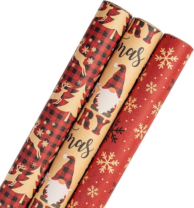 RUSPEPA Christmas Wrapping Paper Rolls - 17 inches x 10 feet per Roll, Total of 3 Rolls - Santa Claus, Reindeer and Snowflake