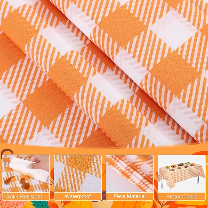 3 Pack Fall Orange Gingham Tablecloth, 54 X 108Inch Plastic Orange Checkered Table Cloth Disposable Scalloped Tablecloths Waterproof Plaid Table Cover for Autumn Harvest Picnic Wedding Birthday Party