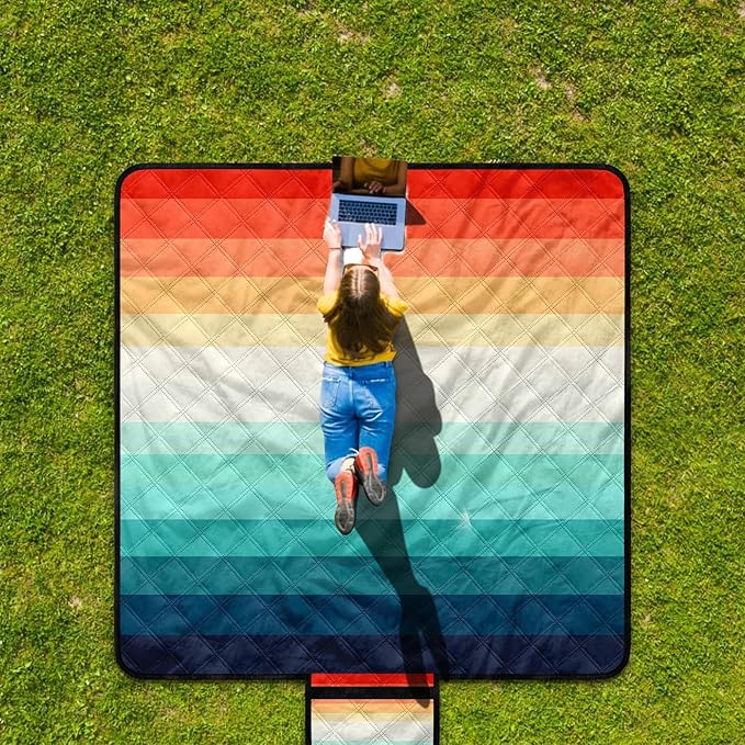Waterproof Picnic Blankets,79''x79'' Extra Large Foldable Sandproof Beach Blanket,Portable 3-Layer Polyester Outdoor Picnic Blanket for Grass Lawn,Beach,Family Camping,Park,Travel-Rainbow Stripe