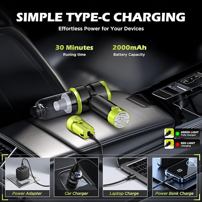 Handheld Car Vacuum with 15000PA Power, 4 in 1 Small Powerful Cordless Vacuum Cleaner & Air Duster with 2000mAh Battery, Rechargeable Portable Mini Hand Held Vacuum for Car,Home,Office,Pet Hair（Green）