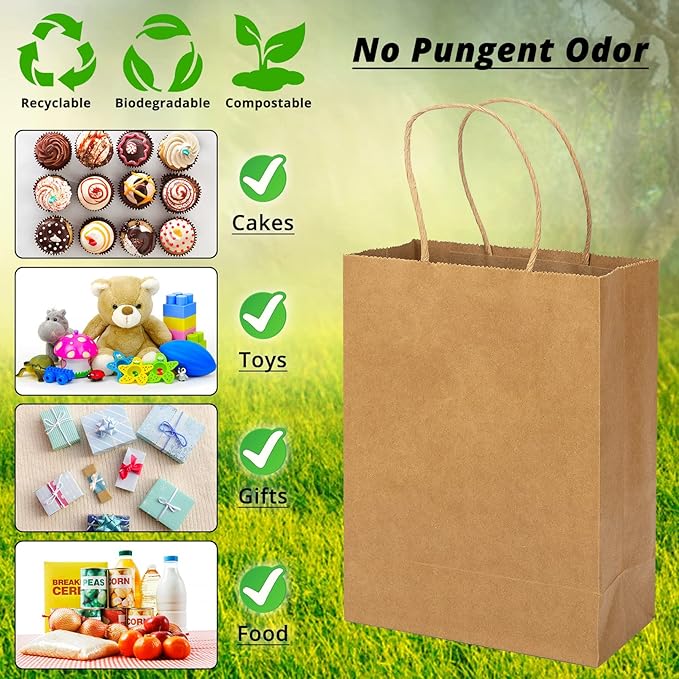 100 Pack Small Brown Kraft Gift Bags with Handles, 5.9x3.15x8.26 inch, Bulk for Birthday Party Favors